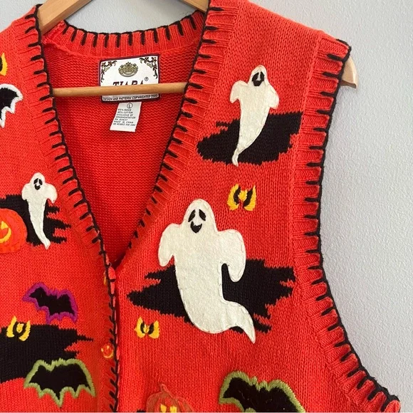 Tiara International Vintage Halloween Ghost Patchwork Sweater Vest Size Large - Picture 2 of 8